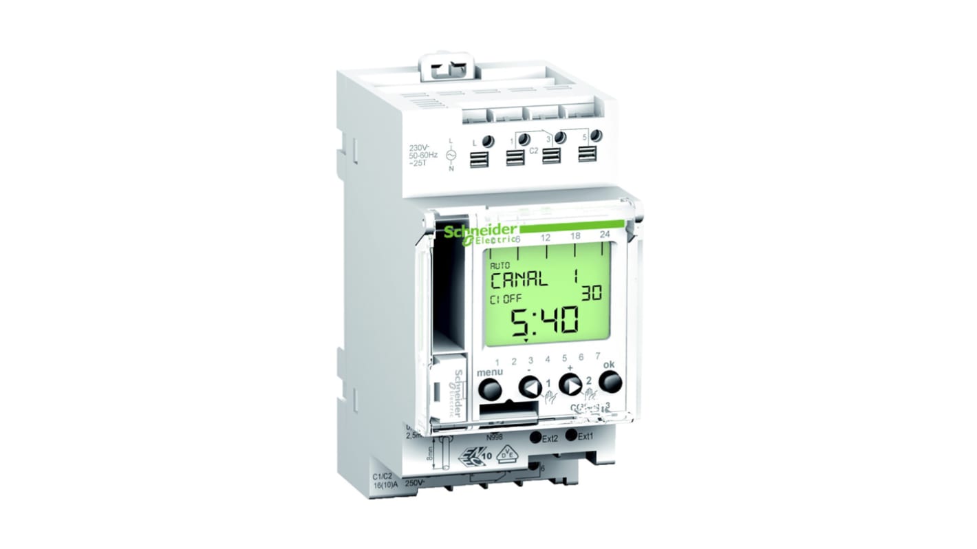 Temporizzatore per guida DIN Schneider Electric, 230 V ca, 2 canali , Giorni, ore, Digitale