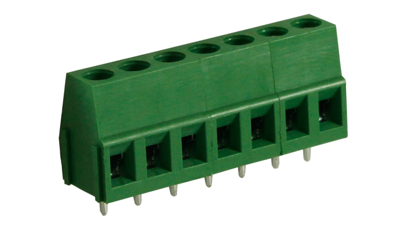RS PRO PCB端子排, 7p, 5mm间距, 10A, 300 V, THT安装, 螺钉端接, 直向, 绿色