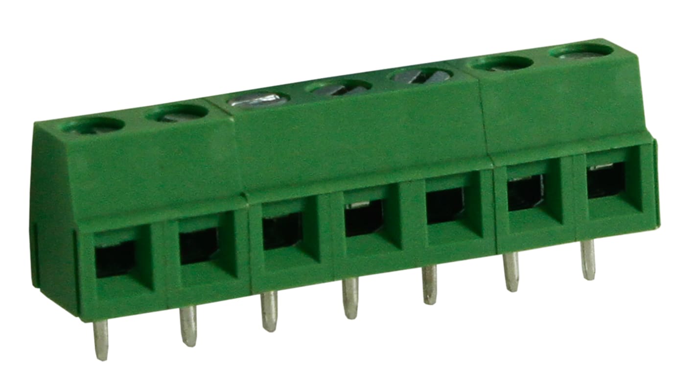 RS PRO PCB端子排, 7p, 5mm间距, 10A, 300 V, THT安装, 螺钉端接, 直向, 绿色