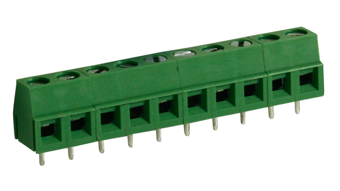 RS PRO PCB端子排, 10p, 5mm间距, 10A, 300 V, THT安装, 螺钉端接, 直向, 绿色