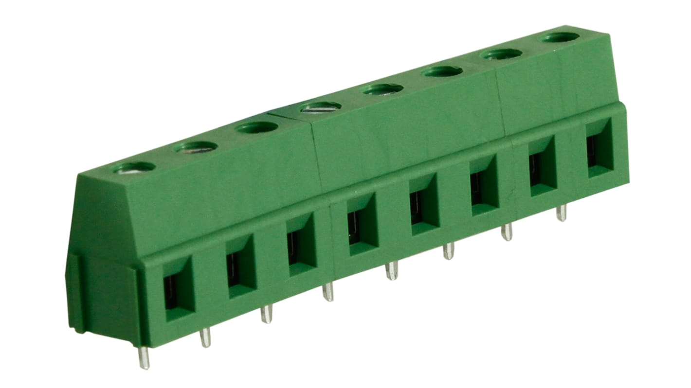 RS PRO PCB端子排, 8p, 7.5mm间距, 10A, 300 V, THT安装, 螺钉端接, 直向, 绿色