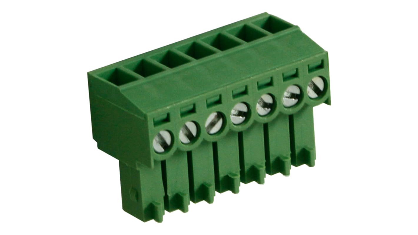 Bloque de terminal PCB Hembra a 90° RS PRO de 7 vías, paso 3.5mm, 10A, de color Verde, montaje Montaje en orificio