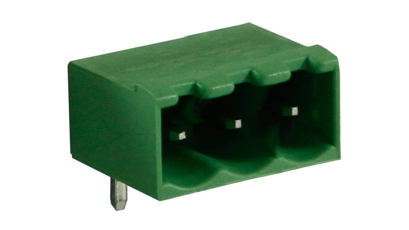 RS PRO 3p插拔式接线端子 直角排针, 5.0mm间距, 15.0A, 250.0 v, THT安装, 焊接端接