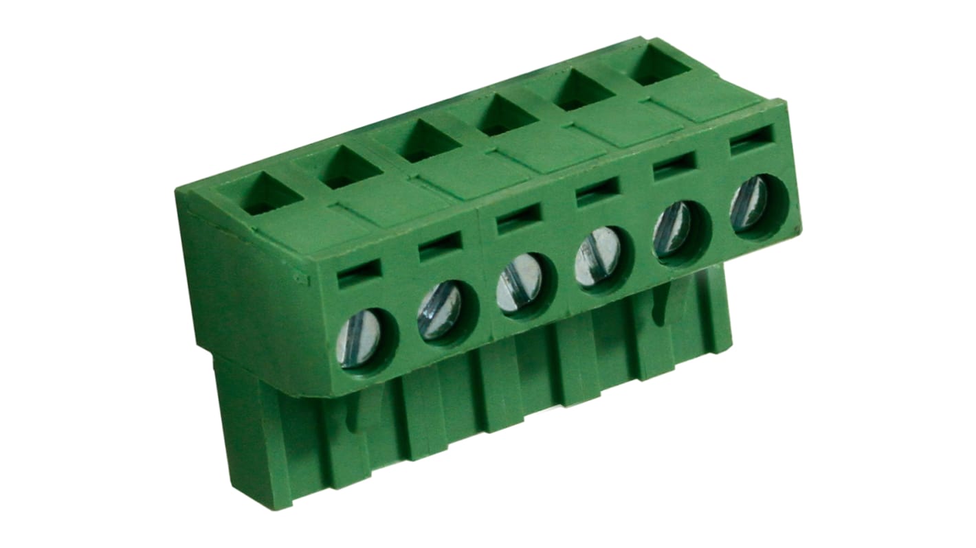 Bloque de terminal PCB Hembra a 90° RS PRO de 6 vías, paso 5.08mm, 15A, de color Verde, montaje Montaje en orificio