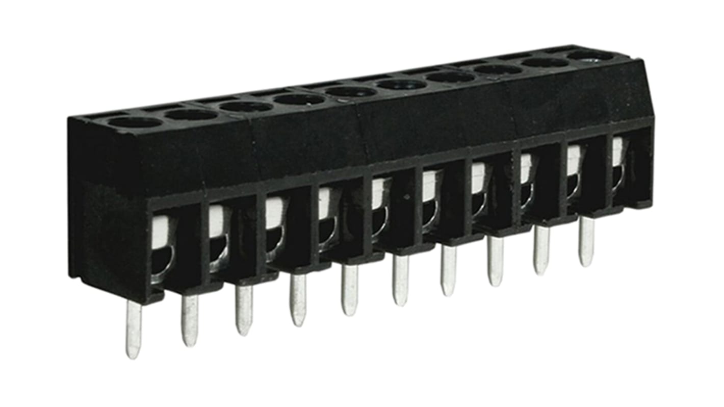 Borne para PCB Macho RS PRO de 10 vías , paso 3.5mm, 6A, de color Negro, montaje Montaje en orificio pasante,