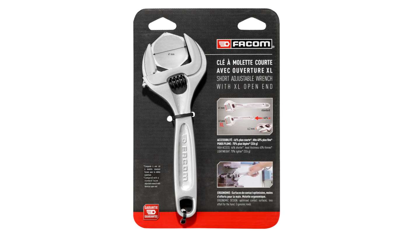 Facom Adjustable Spanner, 200 mm Overall, 41mm Jaw Capacity, Metal Handle