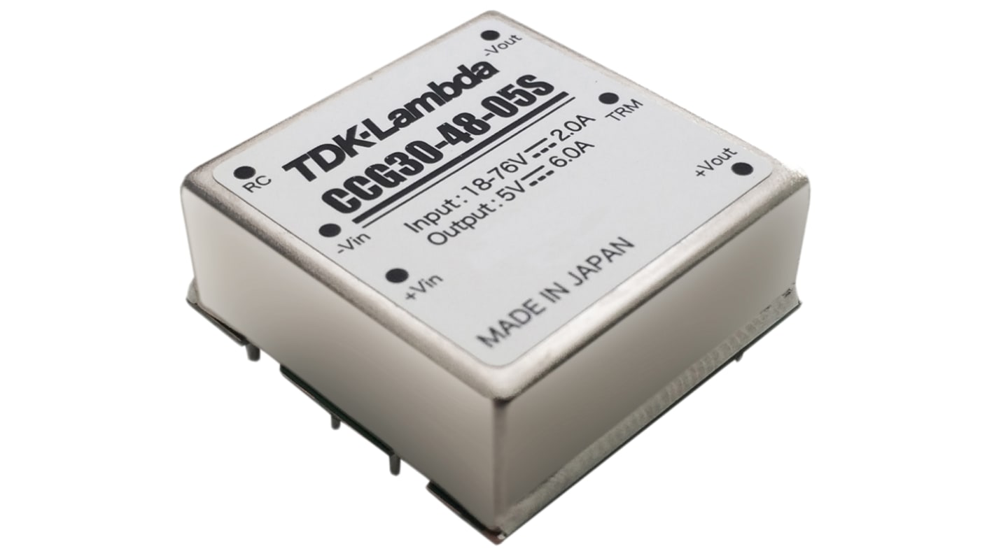 TDK-Lambda CCG 30 DC-DC Converter, 5V dc/ 6A Output, 18 → 76 V dc Input, 30W, Through Hole, +85°C Max Temp -40°C