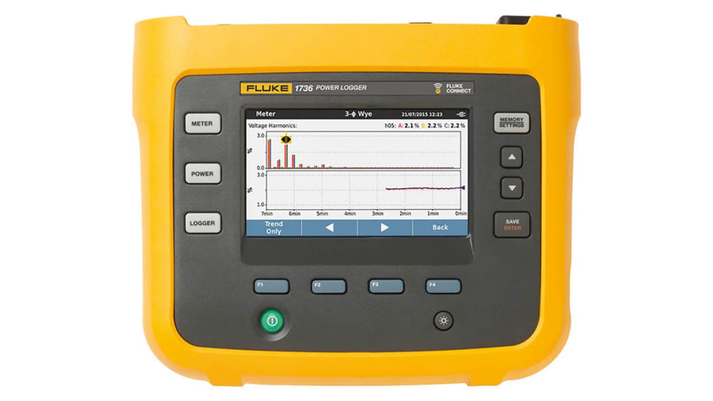 Supervisor y registrador de energía Fluke 1736, para Corriente, Armónico de corriente, Frecuencia, TDD, Corriente THD,