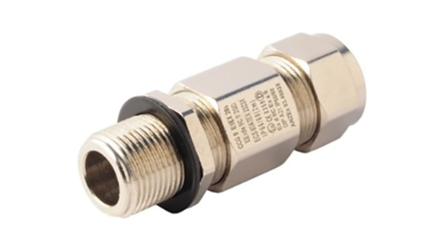 Moflash E1EX Series Brass Nickel Plated Brass Cable Gland, M20 Thread, 14.5mm Min, 20.5mm Max, IP66, IP68