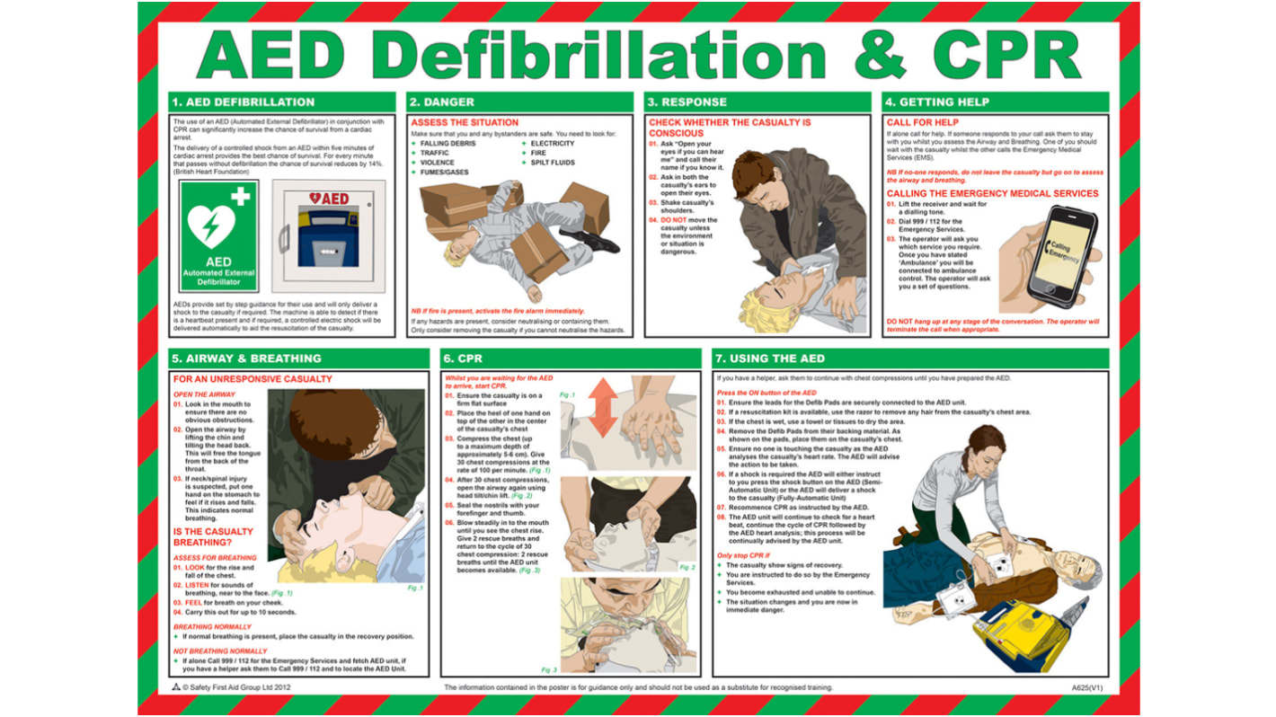 RS PRO Biztonsági poszter AED defibrillátor és újraélesztés, Félmerev laminált, Angol