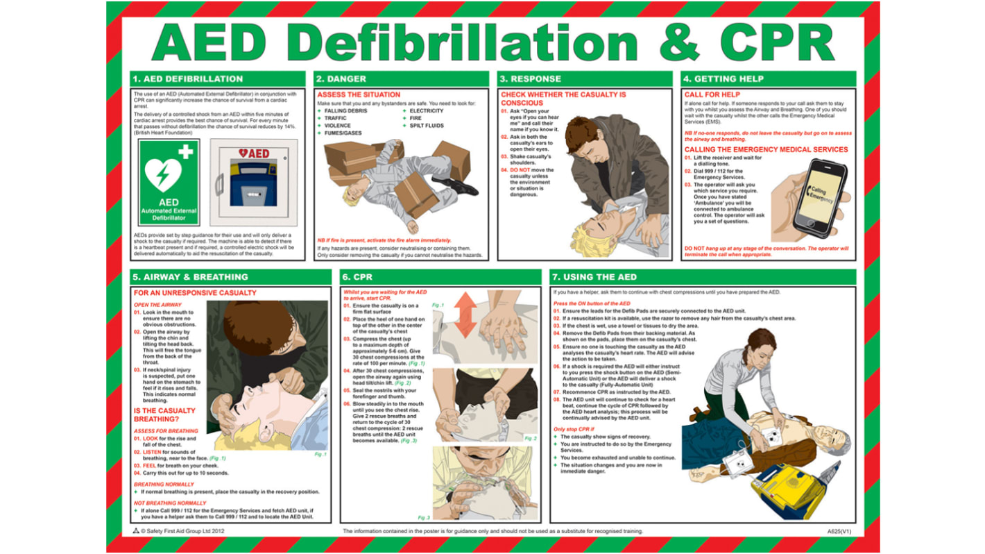 AED Defibrillation and CPR Safety Poster, Semi Rigid Laminate, English, 420 mm, 590mm