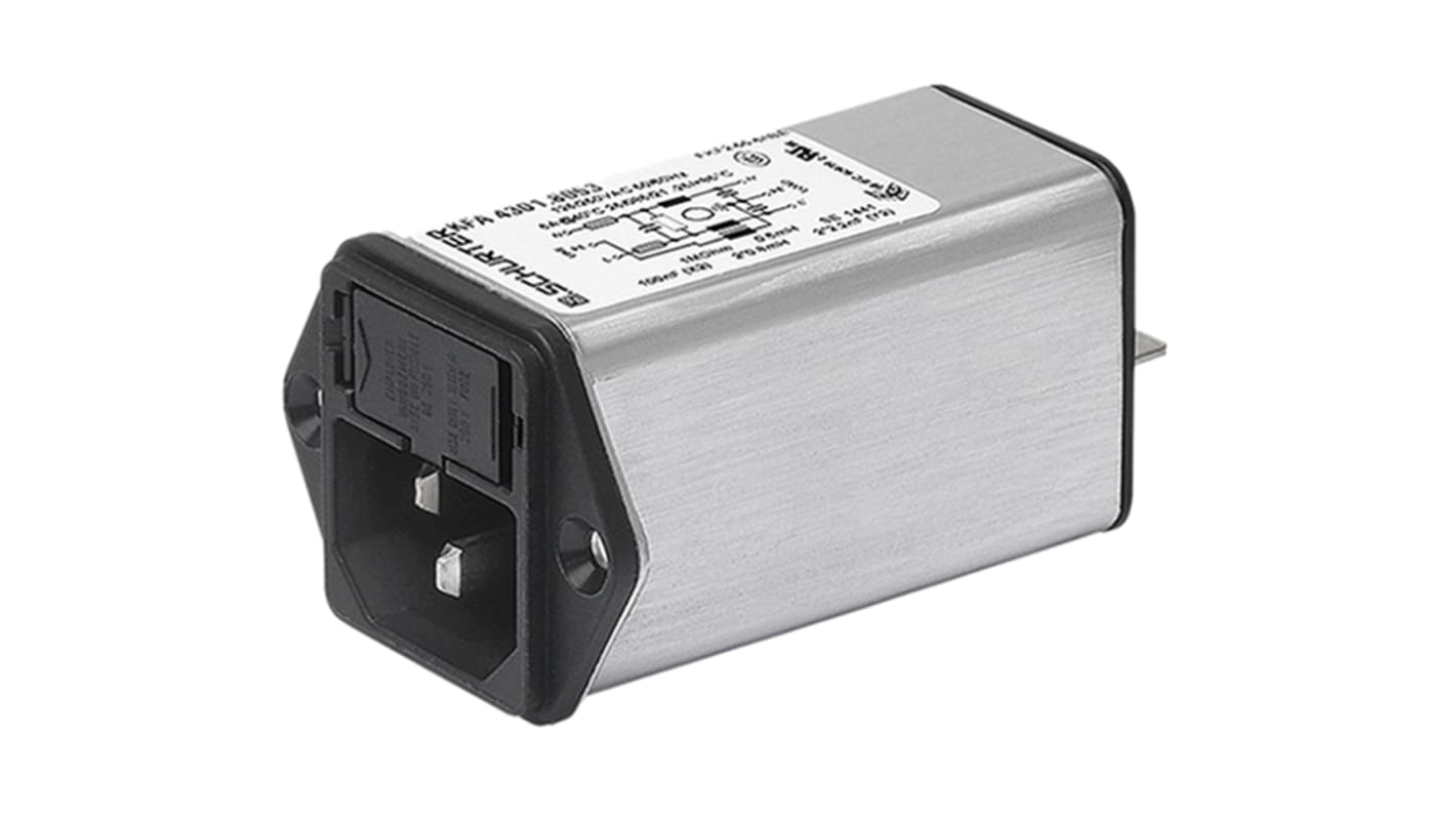 Schurter 10A, 250 V ac Male Panel Mount Filtered IEC Connector 4301.8054, Quick Connect 2 Fuse