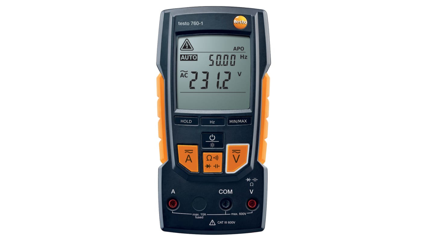 Multímetro Testo 760-1, calibrado UKAS, 600V ac/600V dc, 10A ac/10A dc, CAT III, CAT IV