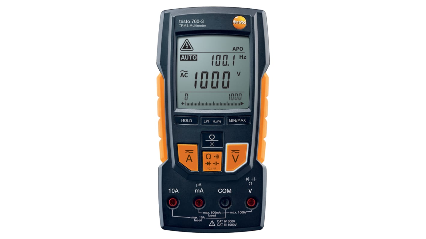 Multímetro Testo 760-3, calibrado UKAS, 1000V ac/1000V dc, 10A ac/10A dc, TRMS, CAT III, CAT IV