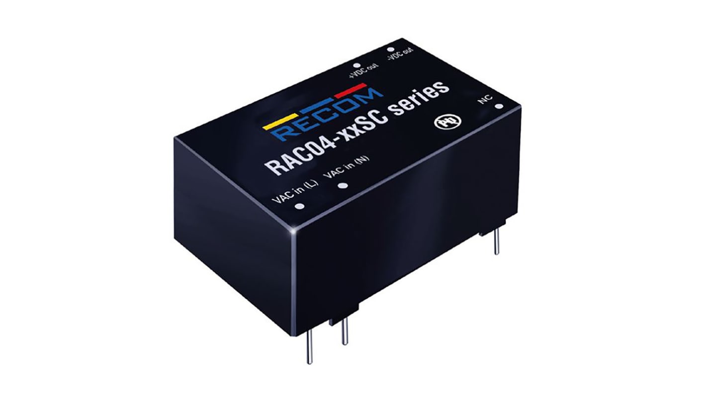 Recom Switching Power Supply, RAC04-12DC/277-E, 12V dc, ±166mA, 4W, 1 Output, 80 → 305V ac Input Voltage