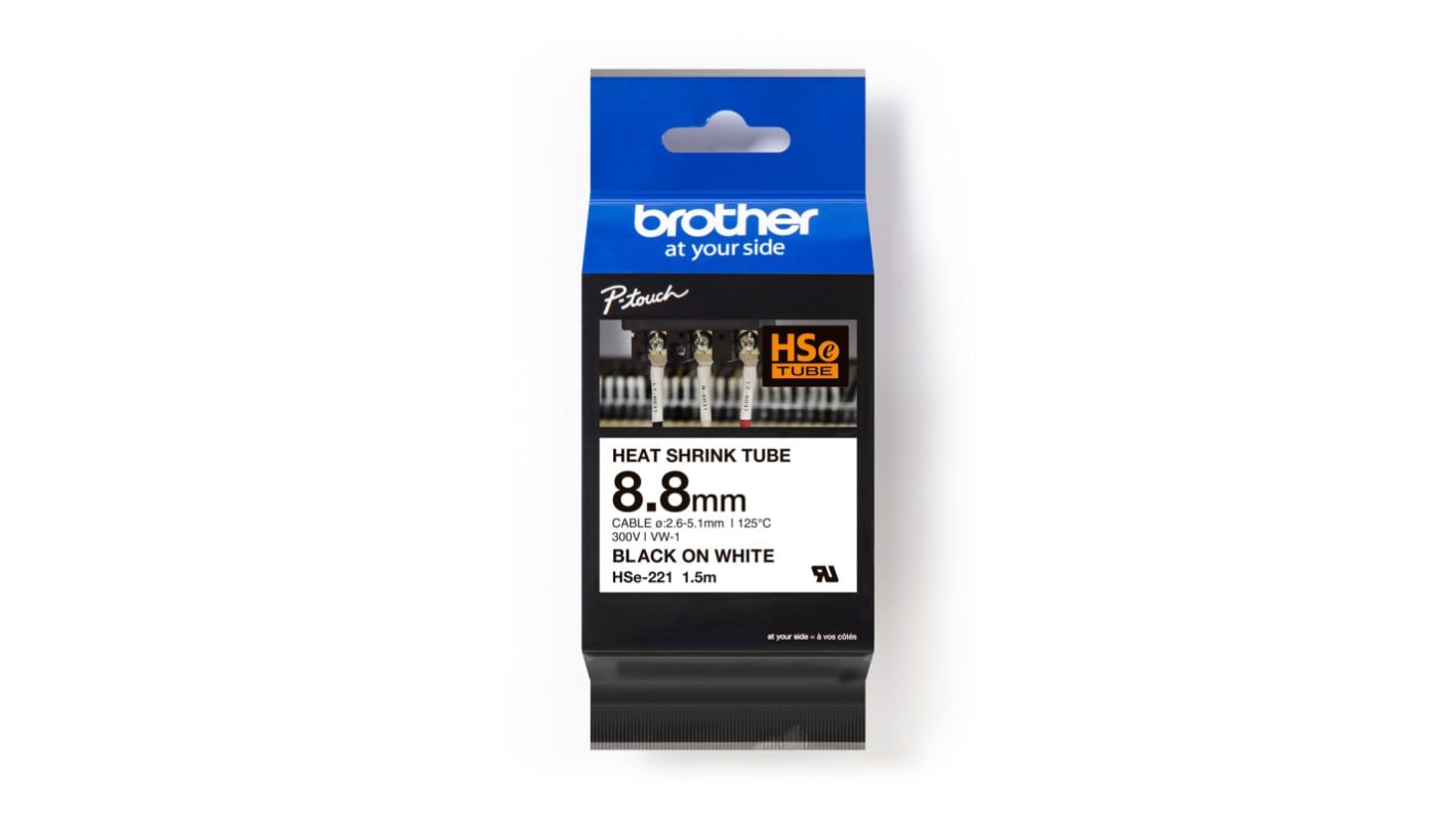 Brother HSE Black on White Label Printer Tape, 1.5 m Length, 8.8 mm Width