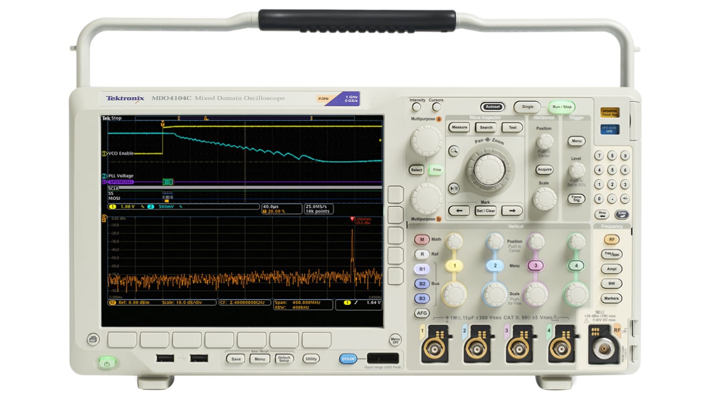 Tektronix MDO4104C+MDO4SA3 MDO4000C Series, 1GHz Bench Oscilloscope, 4 Analogue Channels, 16 Digital Channels