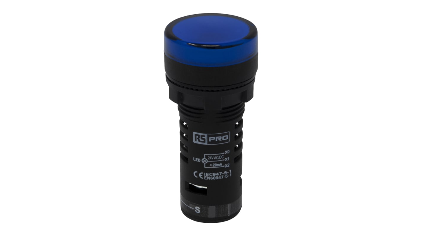 RS PRO Leuchtmelder, 24V ac/dc Blau, Ausschnitt-Ø 22mm LED Tafelmontage IP 65 Schraub