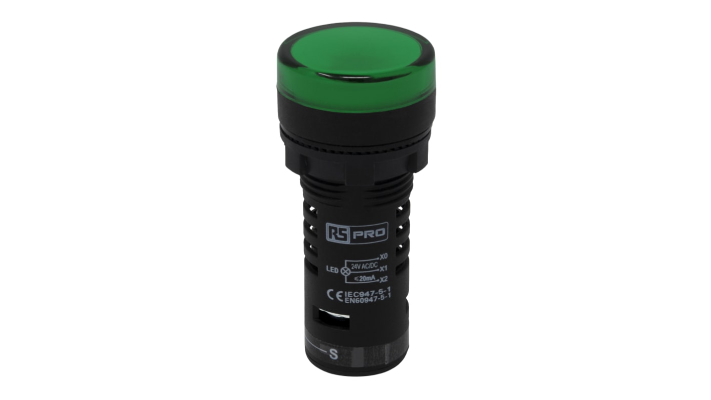RS PRO 绿色圆形按钮指示灯, Φ22mm开孔, 24V 交流/直流, 20mA, 面板安装, IP65