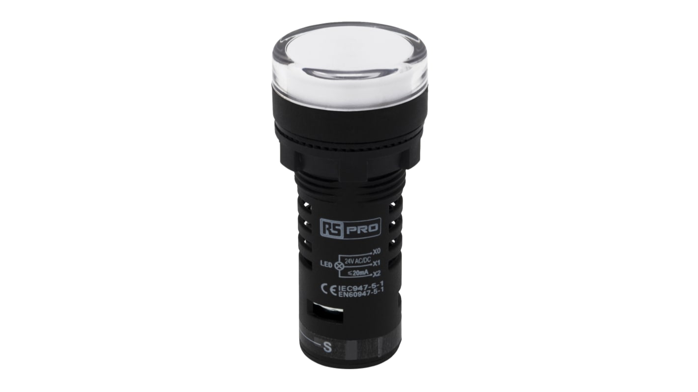 RS PRO Leuchtmelder, 24V ac/dc Weiß, Ausschnitt-Ø 22mm LED Tafelmontage IP 65 Schraub