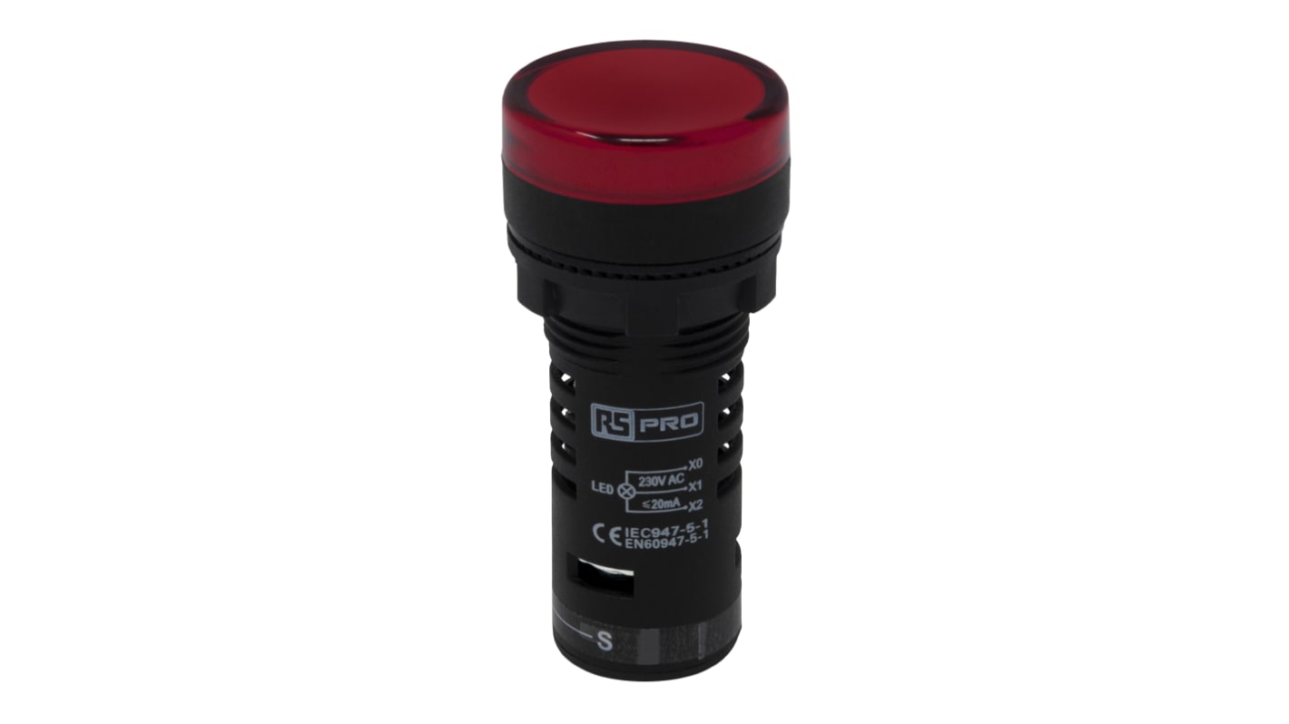RS PRO, Panel Mount Red LED Pilot Light, 22mm Cutout, IP65, Round, 230V ac