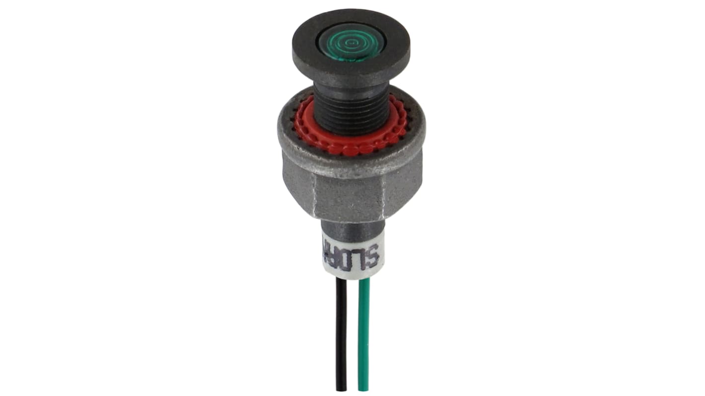 Sloan Green Panel Mount Indicator, 24V dc, 6.2mm Mounting Hole Size, Lead Wires Termination, IP68