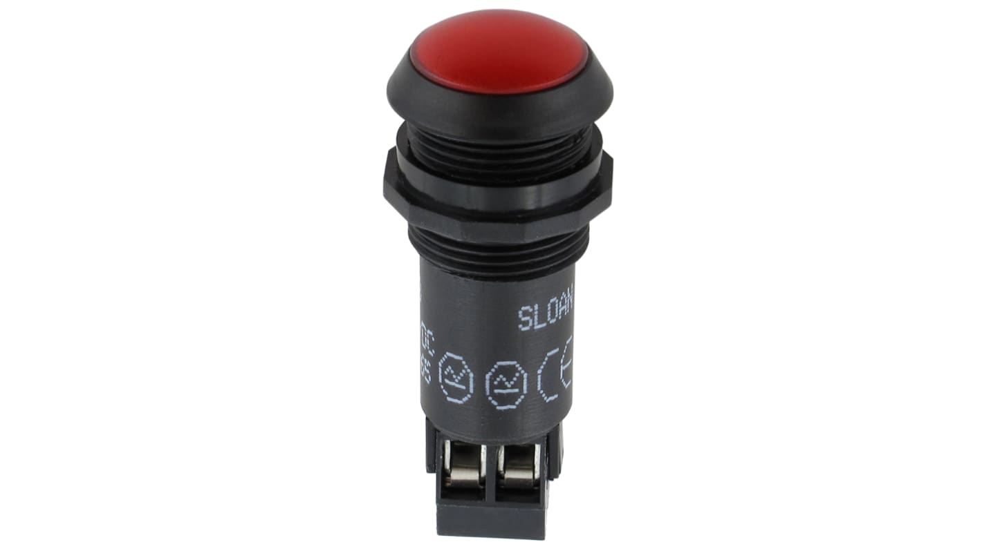 Indicador LED Sloan, Rojo, lente prominente, marco Negro, Ø montaje 16mm, 230V ac, 20mA, 800mcd, IP65