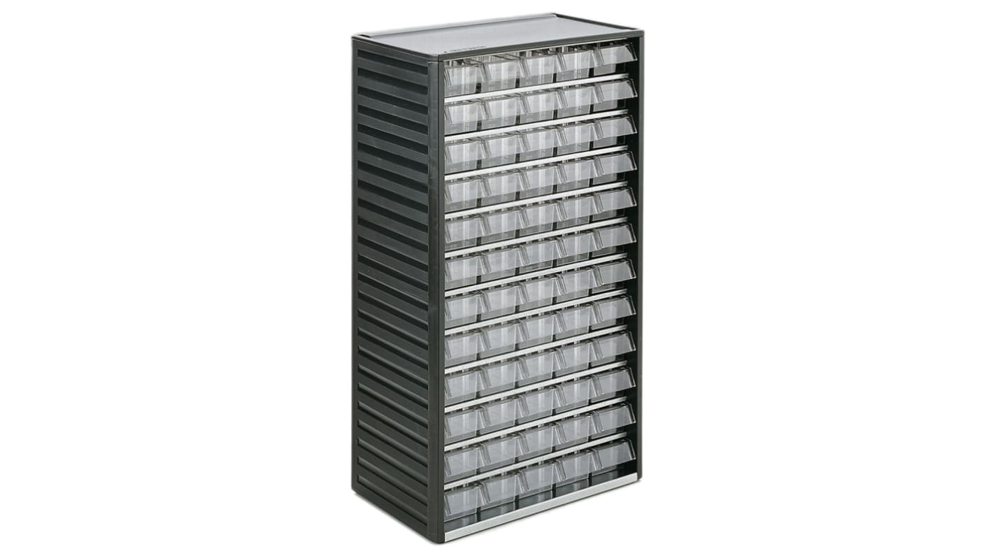 RS PRO 60 Drawer Storage Unit, PP, 550mm x 310mm x 180mm, Grey