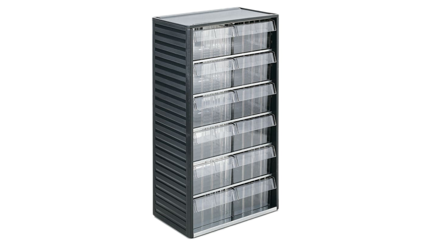 RS PRO Polypropylen Schubladenmagazin Grau, 12 Einschübe, 550mm x 310mm x 180mm