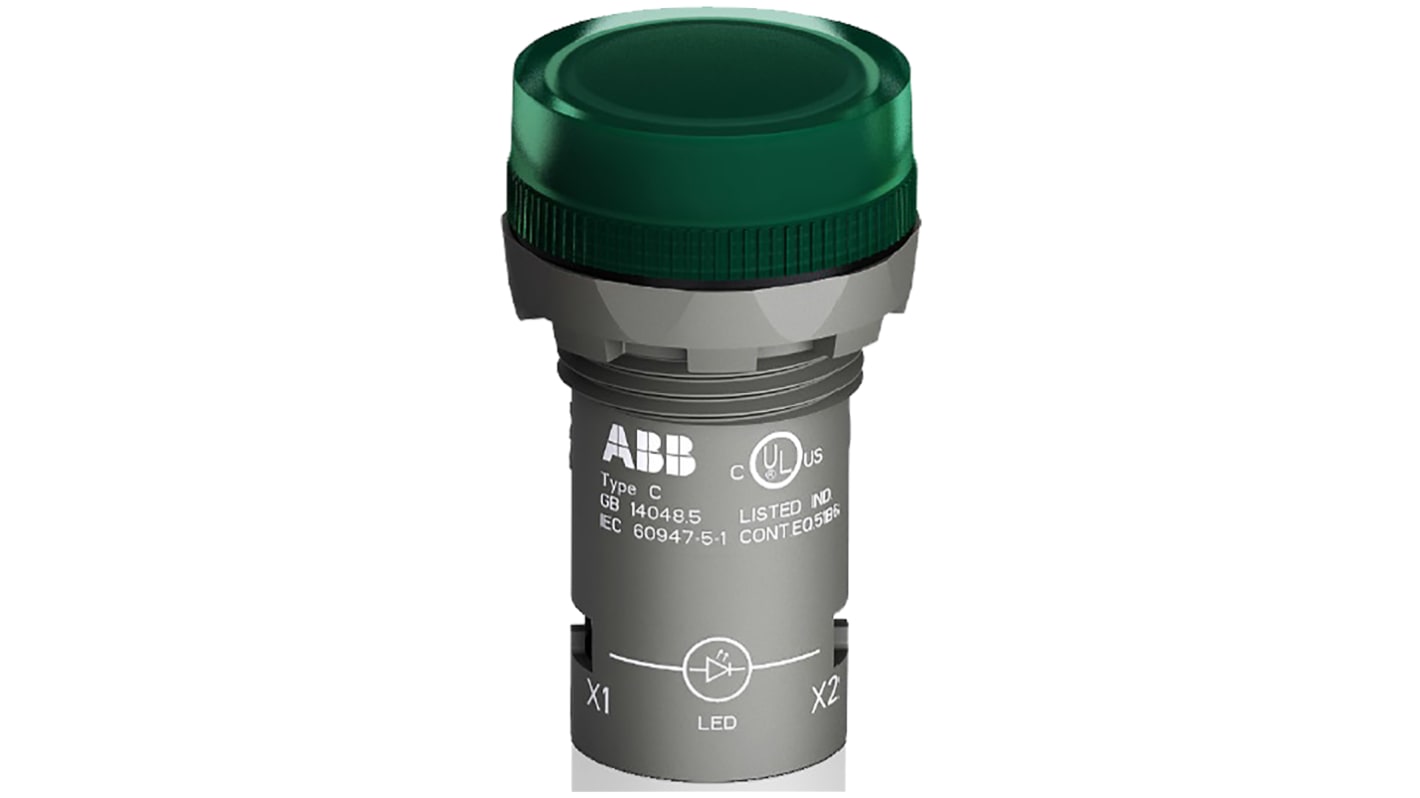 ABB 绿色圆形按钮指示灯, Φ22mm开孔, 24V 交流/直流, 16mA, 塑料主体, 面板安装, IP66, IP67, IP69K, CL2-502G系列