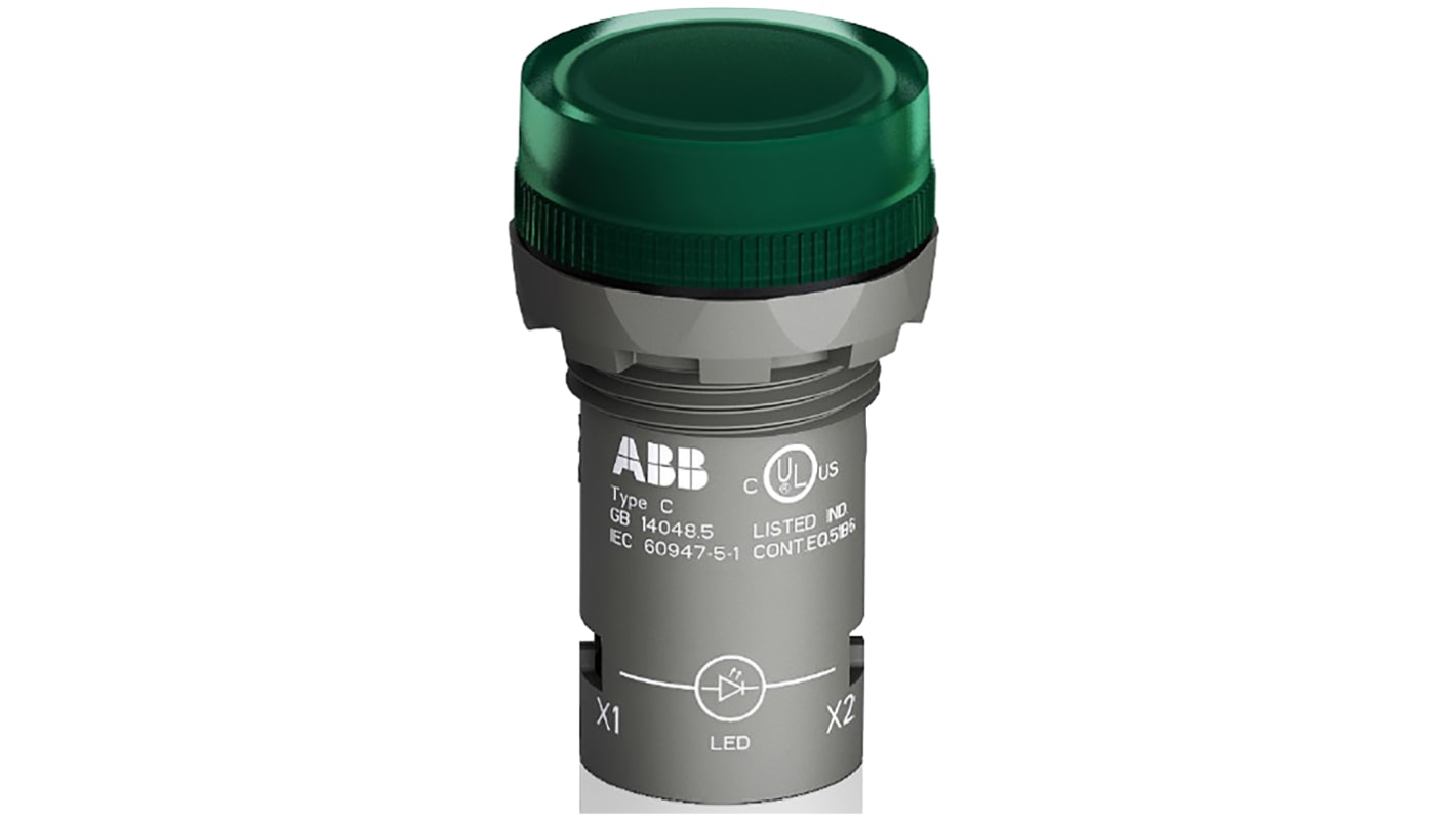 ABB, CL2-523G, Panel Mount Green LED Pilot Light, 22mm Cutout, IP66, IP67, IP69K, Round, 230V ac