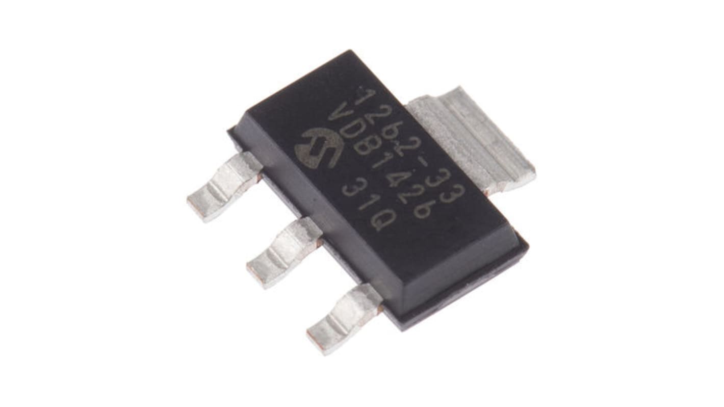Microchip LDO稳压芯片, 3.3 V输出, 500mA最大输出, 单路输出, SOT-223, 3+Tab针, 贴片安装, -40 °C→+125 °C, ±0.5%精度