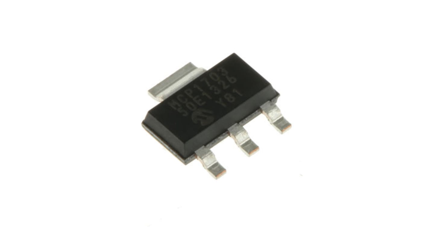 Microchip LDO稳压芯片, 5 V输出, 250mA最大输出, 单路输出, SOT-223, 3+Tab针, 贴片安装, -40 °C→+125 °C, ±2%精度