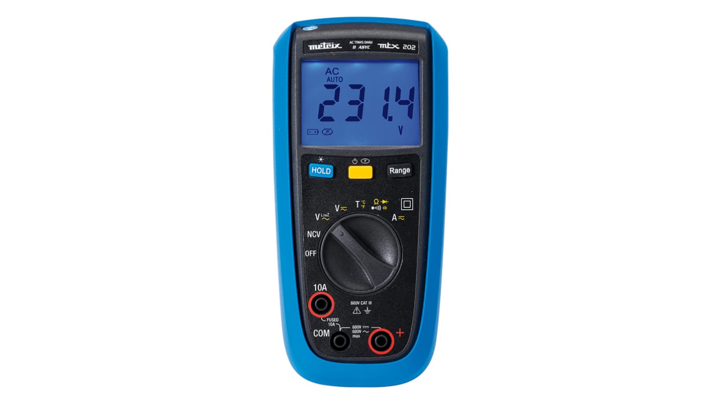 Metrix MTX202 Handheld Digital Multimeter, True RMS, 10A ac Max, 10A dc Max, 600V ac Max - UKAS Calibrated