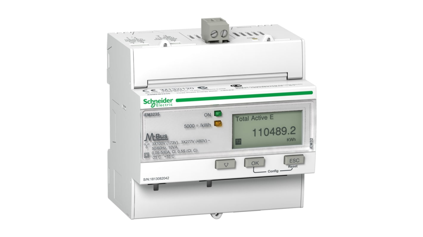 Schneider Electric 三相电子式电能表, LCD显示, 8位数字, Acti 9 iEM3000系列