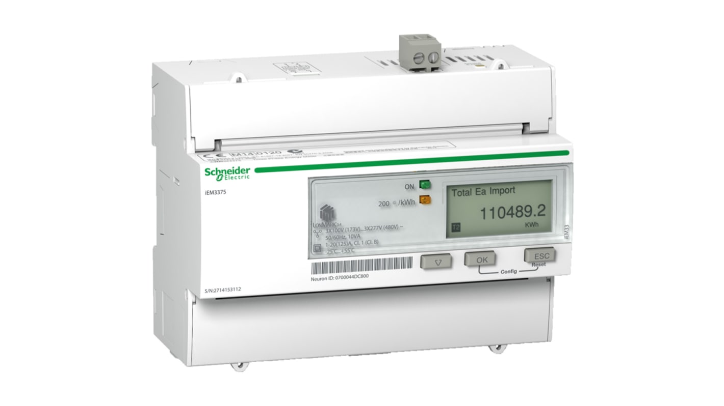 Schneider Electric 三相电子式电能表, LCD显示, 9位数字, Acti 9 iEM3000系列
