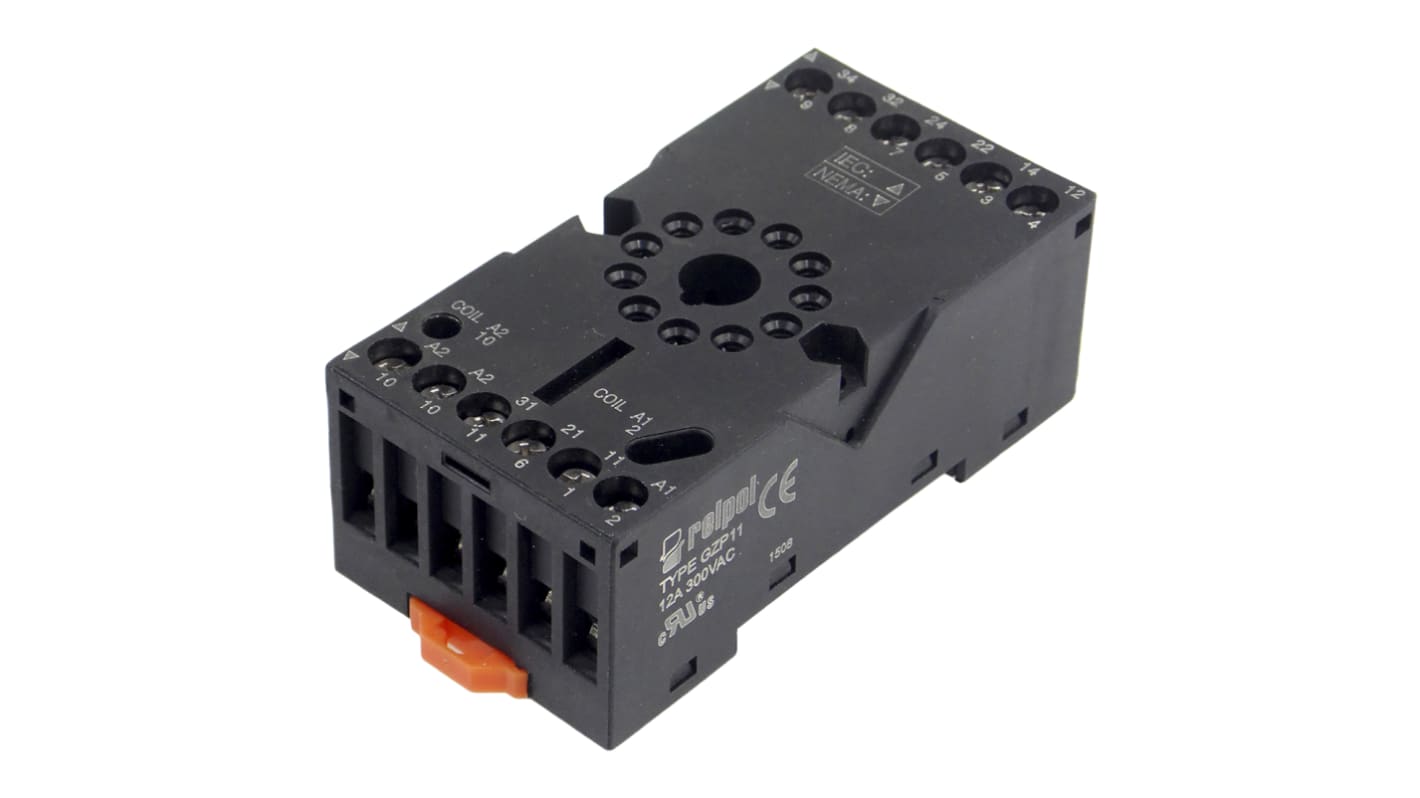 Relpol 11 Pin 300V ac DIN Rail Relay Socket, for use with R15 Relay