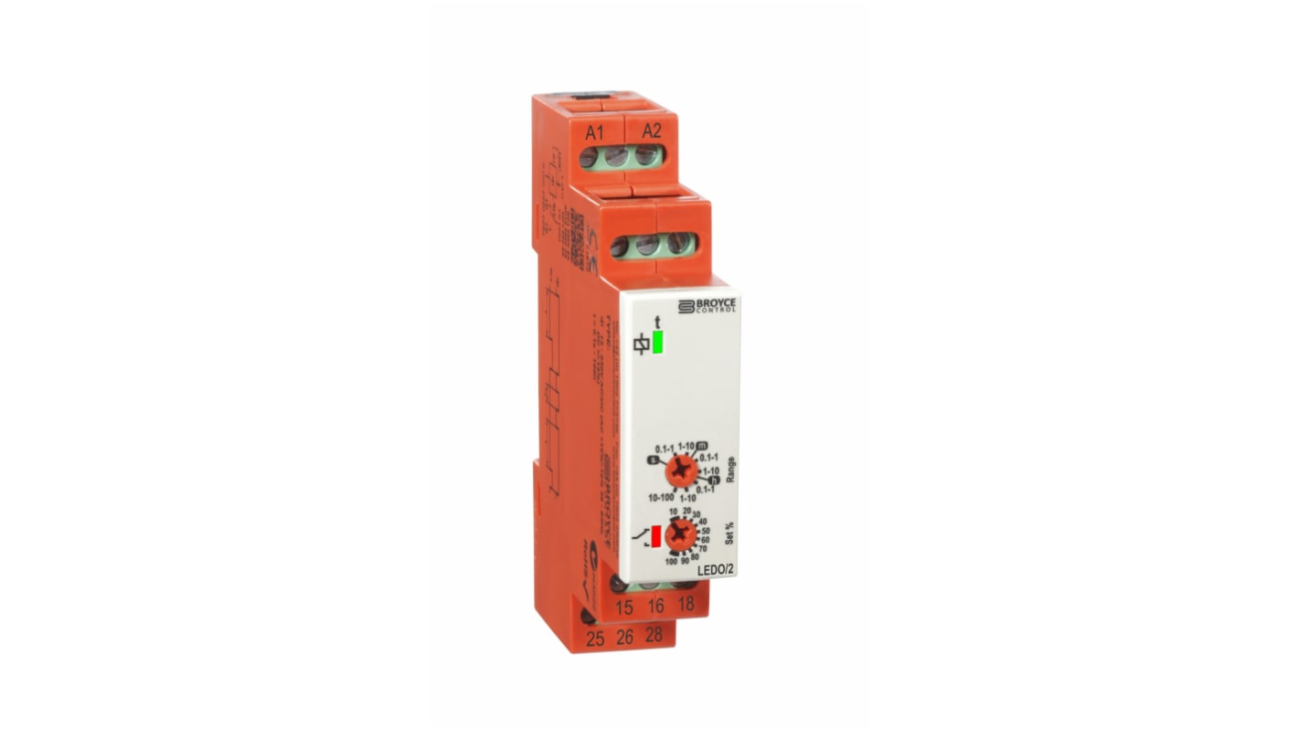 Timer Relay Broyce Control, intervallo 0.1 s → 100h, 2 poli, DPDT, Guida DIN