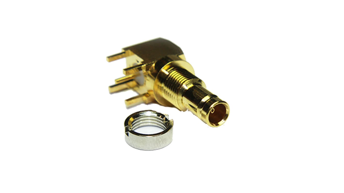 COAX Connectors, Jack PCB Mount 1.0/2.3 Connector, 75Ω, Solder Termination, Right Angle Body