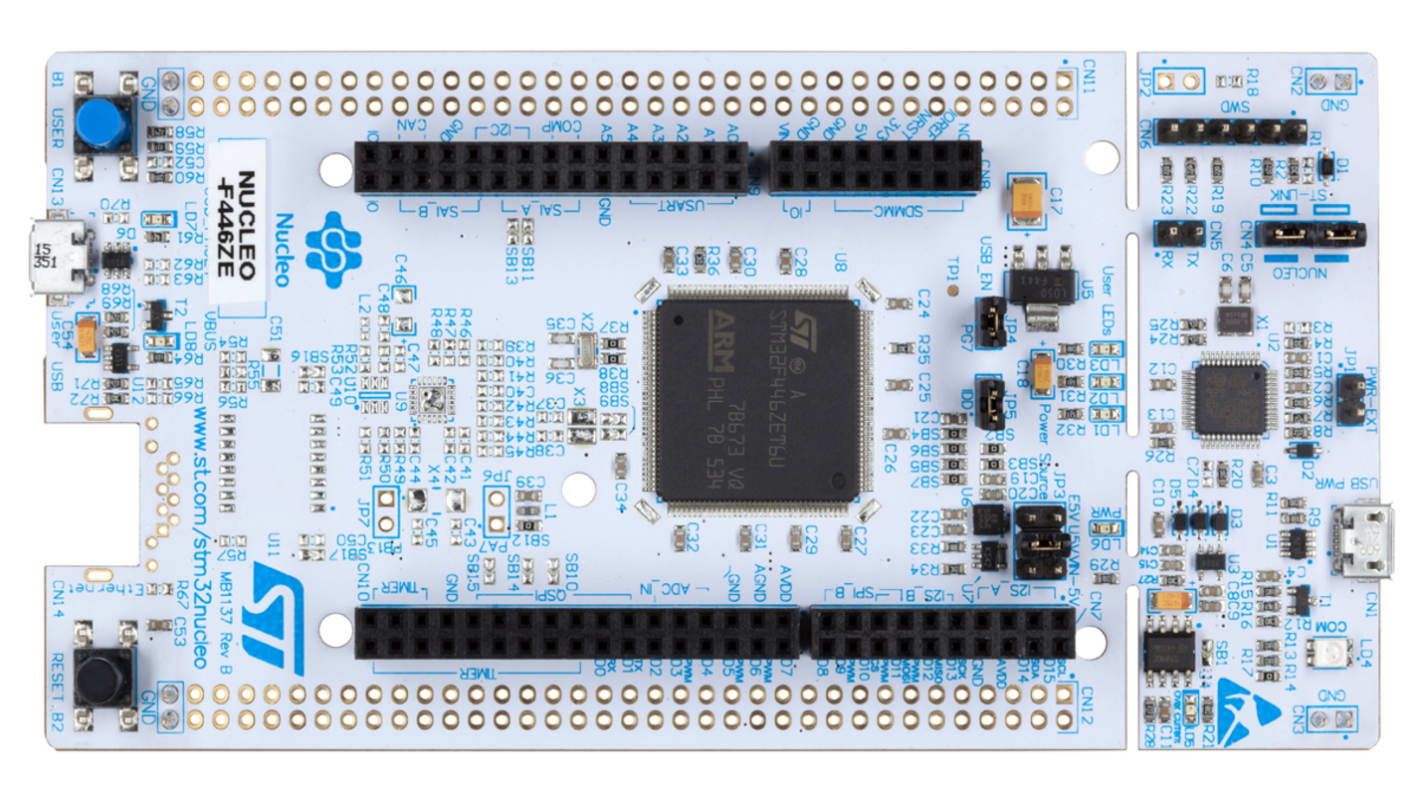 Placa de desarrollo STM32 Nucleo-144 de STMicroelectronics, con núcleo ARM Cortex M4F