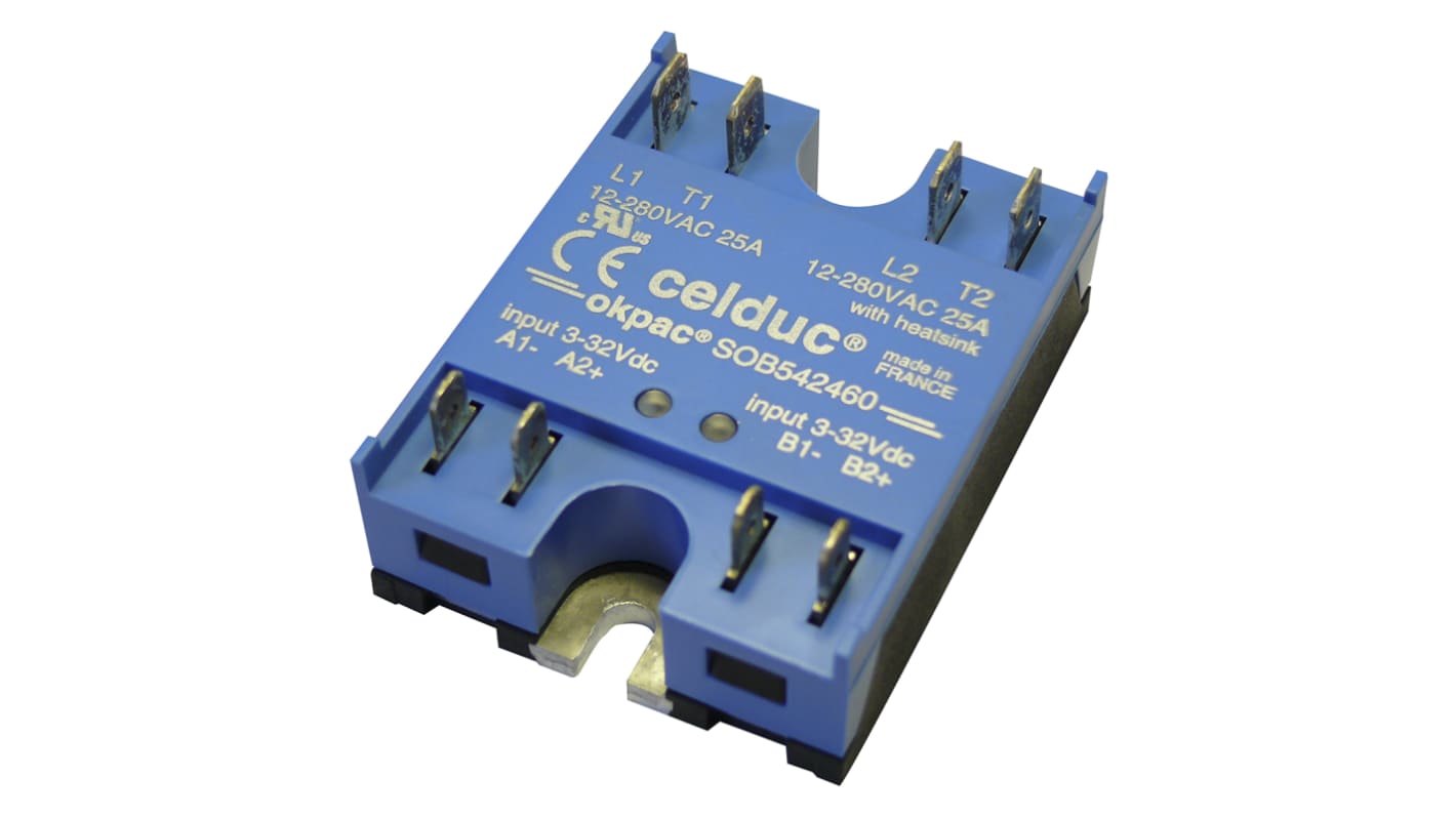 Celduc SOB5 Series Solid State Relay, 2 x 25 A Load, Panel Mount, 280 V ac Load, 32 V dc Control