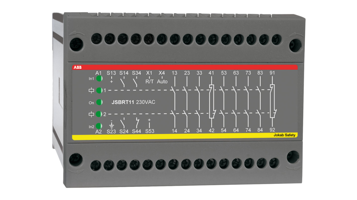 ABB JSBRT11 Sicherheitsrelais, 24V dc, 2-Kanal, 7 Sicherheitskontakte Zweihandsteuerung, 2 Hilfsschalter, Automatisch