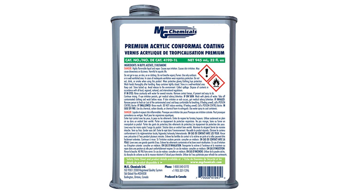 MG Chemicals Clear Acrylic Conformal Coating, 1 L Tin, -65°C min, +125°C max