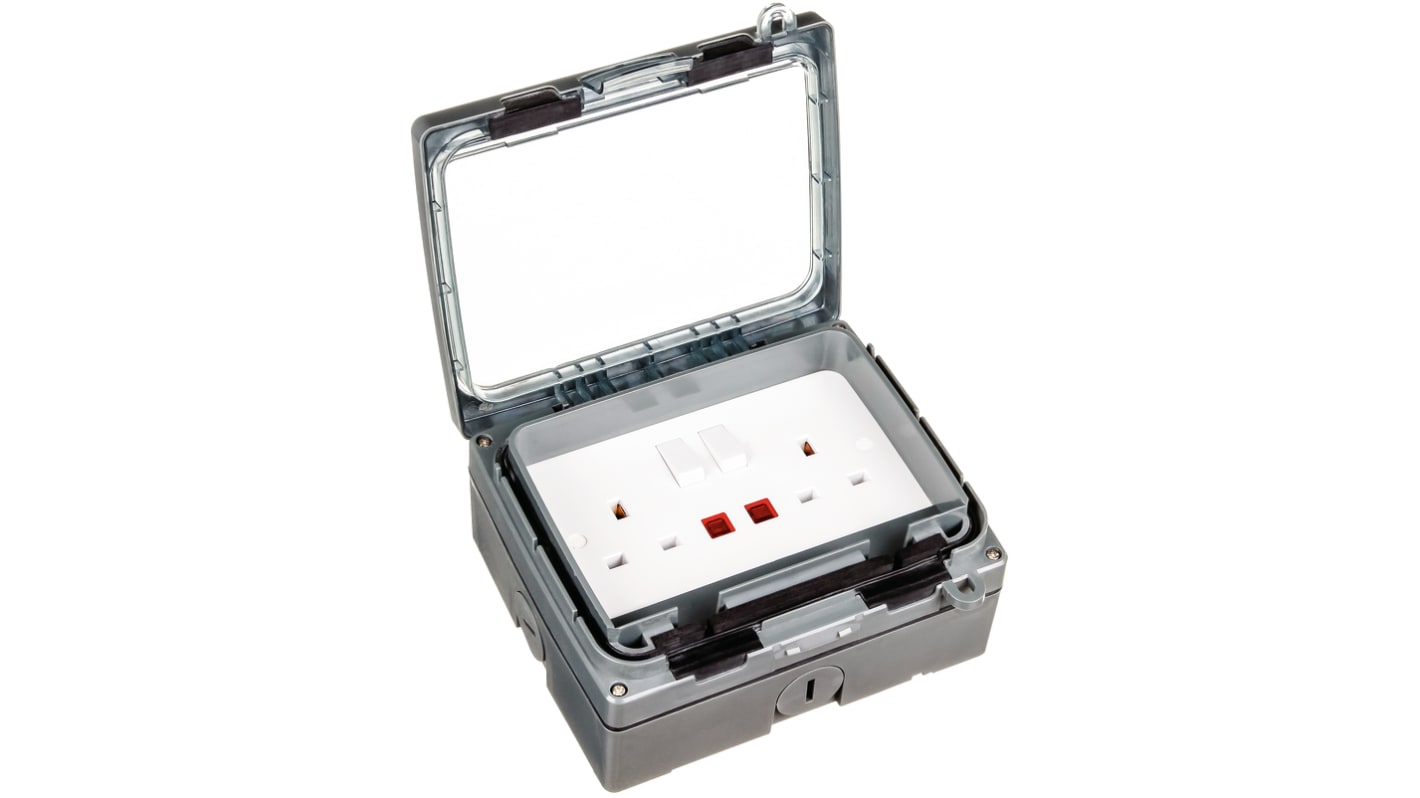 Presa elettrica, Timeguard TGV201N, 13A, 2 moduli, IP66, presa Tipo G - inglese in Termoplastica, Grigio Esterno,