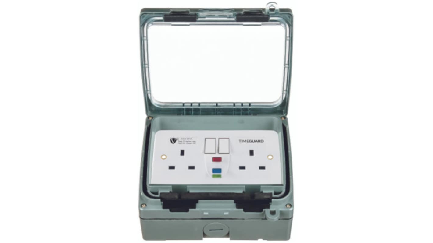 Timeguard 13A, BS 7288 Fixing, Active, 2 Gang RCD Socket, Thermoplastic, Surface Mount , Switched, IP66 , Outdoor, 230