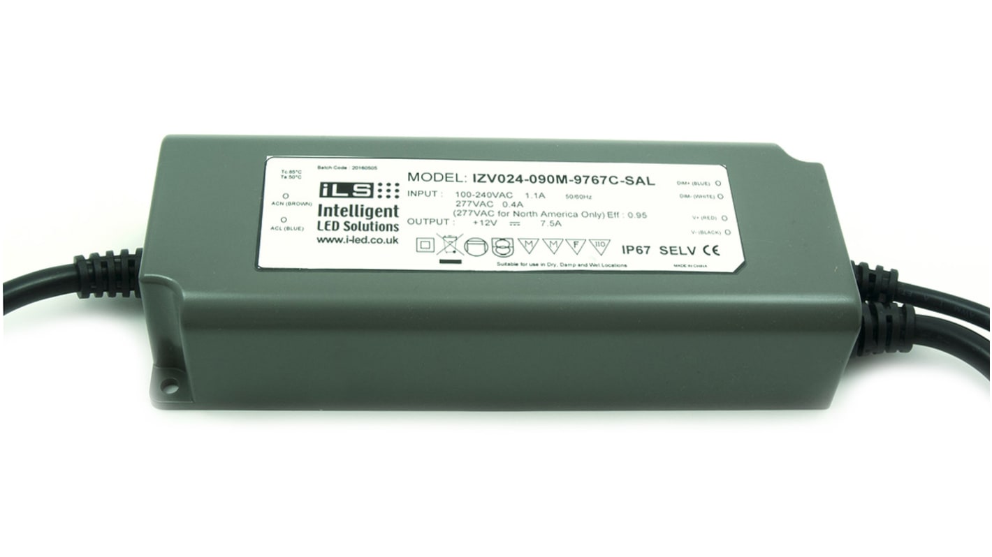 Intelligent LED Solutions 90 W LED驱动电源, 输出24V 7.5A, 可调光, IP67