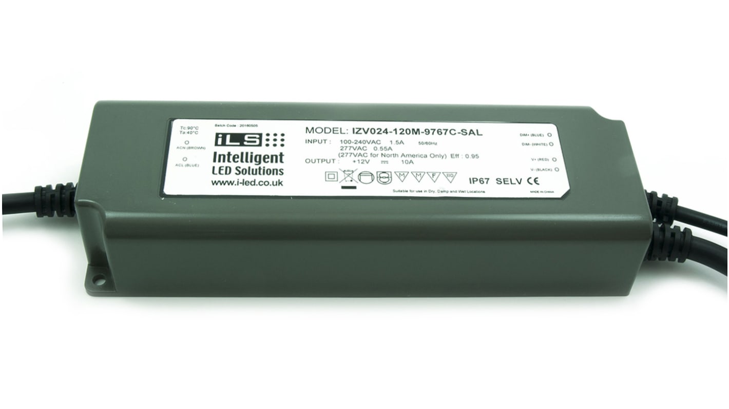 Intelligent LED Solutions 120 W LED驱动电源, 输出24V 5A, 可调光, IP67
