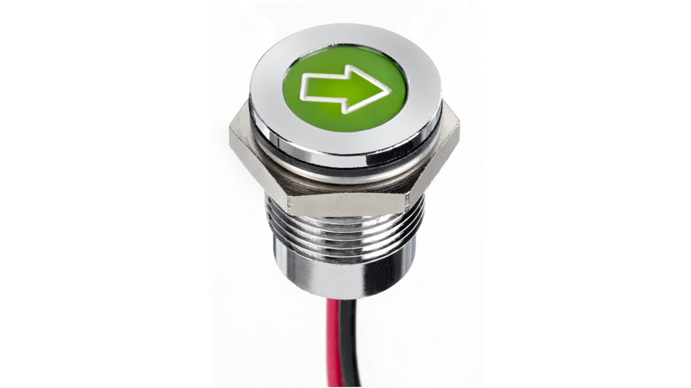 Indicatore da pannello APEM Verde  a LED, 12V cc, IP67, A filo, foro da 14mm