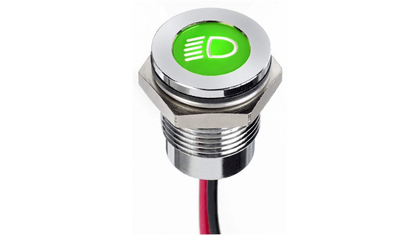 APEM 绿色LED汽车指示灯, 12V 直流, 20mA, IP67, 14mm安装孔径