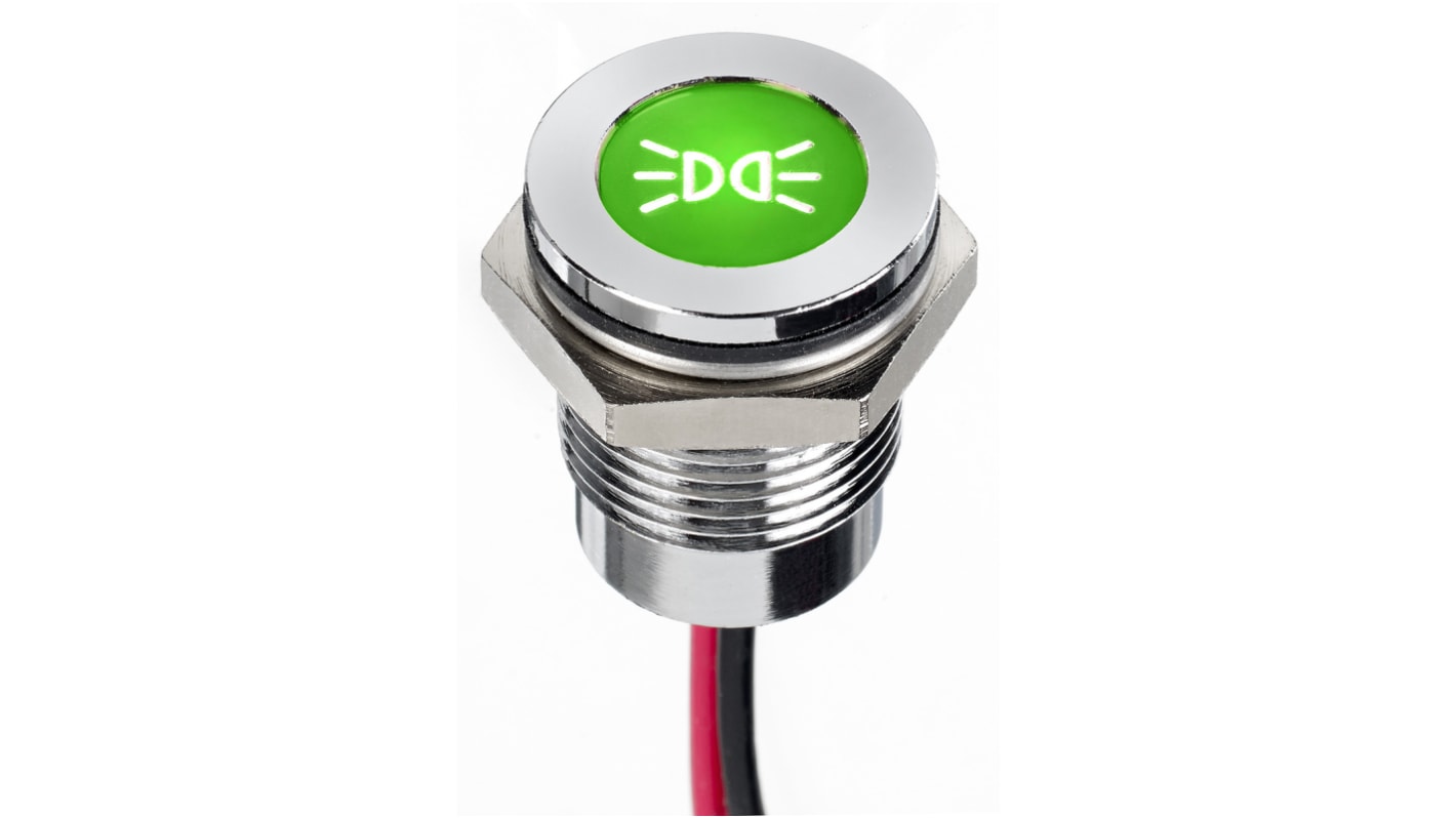 Apem Green Panel Mount Indicator, 12V dc, 14mm Mounting Hole Size, Lead Wires Termination, IP67